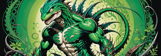 midshot, cel-shading style, centered image, ultra detailed illustration of the comic character ((lizard Spawn by Todd McFarlane)), posing, green, light green, brown, and black body suit with a skull emblem, ((Full Body)) ,ornate background, (tetradic colors), inkpunk, ink lines, strong outlines, art by MSchiffer, bold traces, unframed, high contrast, cel-shaded, vector, 4k resolution, best quality, (chromatic aberration:1.8)