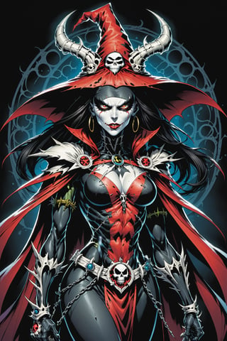 midshot, cel-shading style, centered image, ultra detailed illustration of the comic character ((female Spawn Which by Todd McFarlane)), posing, Black, dress with a skull emblem, ((wearing a large rimmed Single pointed hat)),   ((Full Body)), (tetradic colors), inkpunk, ink lines, strong outlines, art by MSchiffer, bold traces, unframed, high contrast, cel-shaded, vector, 4k resolution, best quality, (chromatic aberration:1.8)