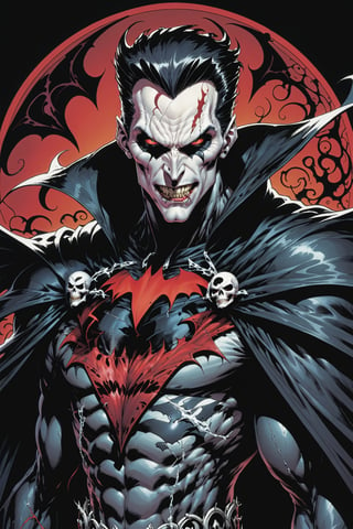 midshot, cel-shading style, centered image, ultra detailed illustration of the comic character ((male Spawn Dracula, by Todd McFarlane)), posing,  he has black  hair, black suit with a skull emblem, long flowing cape, ((Half Body)), (tetradic colors), inkpunk, ink lines, strong outlines, art by MSchiffer, bold traces, unframed, high contrast, cel-shaded, vector, 4k resolution, best quality, (chromatic aberration:1.8)