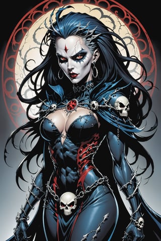 midshot, cel-shading style, centered image, ultra detailed illustration of the comic character ((female Spawn Queen of the Damned by Todd McFarlane)), posing, Black, dress with a skull emblem, ((View from Behind she's looking over her shoulder)), ((Full Body)), ((View from behind)), (tetradic colors), inkpunk, ink lines, strong outlines, art by MSchiffer, bold traces, unframed, high contrast, cel-shaded, vector, 4k resolution, best quality, (chromatic aberration:1.8)