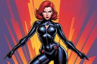 midshot, cel-shading style, centered image, ultra detailed illustration of Black widow, the comic character, posing, (tetradic colors), inkpunk, ink lines, strong outlines, art by MSchiffer, bold traces, unframed, high contrast, cel-shaded, vector, 4k resolution, best quality, (chromatic aberration:1.8)