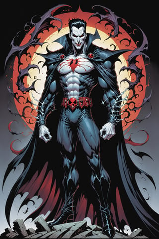 midshot, cel-shading style, centered image, ultra detailed illustration of the comic character ((male Spawn Dracula, by Todd McFarlane)), posing,  he has black  hair, black suit with a skull emblem, long flowing cape, ((Half Body)), (tetradic colors), inkpunk, ink lines, strong outlines, art by MSchiffer, bold traces, unframed, high contrast, cel-shaded, vector, 4k resolution, best quality, (chromatic aberration:1.8)