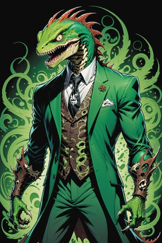 midshot, cel-shading style, centered image, ultra detailed illustration of the comic character ((lizard Spawn by Todd McFarlane)), posing, green, light green, brown, and black suit with a skull emblem, ((Full Body)) ,ornate background, (tetradic colors), inkpunk, ink lines, strong outlines, art by MSchiffer, bold traces, unframed, high contrast, cel-shaded, vector, 4k resolution, best quality, (chromatic aberration:1.8)