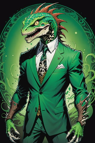 midshot, cel-shading style, centered image, ultra detailed illustration of the comic character ((lizard Spawn by Todd McFarlane)), posing, green, light green, brown, and black suit with a skull emblem, ((Full Body)) ,ornate background, (tetradic colors), inkpunk, ink lines, strong outlines, art by MSchiffer, bold traces, unframed, high contrast, cel-shaded, vector, 4k resolution, best quality, (chromatic aberration:1.8)