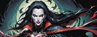 midshot, cel-shading style, centered image, ultra detailed illustration of the comic character ((female Spawn Dracula, by Todd McFarlane)), posing, she has long black hair, black suit with a skull emblem, long flowing cape, ((Half Body)), (tetradic colors), inkpunk, ink lines, strong outlines, art by MSchiffer, bold traces, unframed, high contrast, cel-shaded, vector, 4k resolution, best quality, (chromatic aberration:1.8)