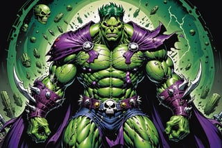 midshot, cel-shading style, centered image, ultra detailed illustration of the comic character ((Spawn Planet Hulk, by Todd McFarlane)),posing, suit with a skull emblem, wearing a purple Cape,  ((Full Body)), (tetradic colors), inkpunk, ink lines, strong outlines, art by MSchiffer, bold traces, unframed, high contrast, cel-shaded, vector, 4k resolution, best quality, (chromatic aberration:1.8)