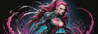 midshot, cel-shading style, centered image, ultra detailed illustration of the comic character ((female Spawn warrior woman, by Todd McFarlane)), posing, extremely muscular overly muscular large breast extremely extremely muscular, black, neon pink, suit with a belt with a skull on it, long pale pink hair in a tall, single ponytail, ((crouching down on the ground action pose)),  ((Full Body)),((holding chains in her hand)), splatters of paint in the background glowing neon, perfect hands, (tetradic colors), inkpunk, ink lines, strong outlines, art by MSchiffer, bold traces, unframed, high contrast, cel-shaded, vector, 4k resolution, best quality, (chromatic aberration:1.8)