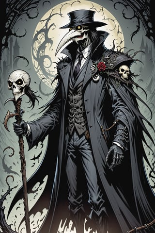 midshot, cel-shading style, centered image, ultra detailed illustration of the comic character ((Spawn  Plague Doctor by Todd McFarlane)), posing, long black long hair, gray and black suit with a skull emblem, ((holding a cane with a skull on it)), ((Half Body)), ornate background, (tetradic colors), inkpunk, ink lines, strong outlines, art by MSchiffer, bold traces, unframed, high contrast, cel-shaded, vector, 4k resolution, best quality, (chromatic aberration:1.8)