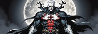 midshot, cel-shading style, centered image, ultra detailed illustration of the comic character ((male Spawn Warrior Catholic priest, by Todd McFarlane)), posing, white  hair,  ((cross around his neck)), charcoal and black white suit with cross emblem, gun belts draped over his shoulders, ((Full Body)), ((perfect hands)), the moon in the background, (tetradic colors), inkpunk, ink lines, strong outlines, art by MSchiffer, bold traces, unframed, high contrast, cel-shaded, vector, 4k resolution, best quality, (chromatic aberration:1.8)