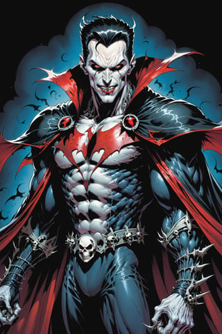 midshot, cel-shading style, centered image, ultra detailed illustration of the comic character ((male Spawn Dracula, by Todd McFarlane)), posing,  he has black  hair, black suit with a skull emblem, long flowing cape, ((Half Body)), (tetradic colors), inkpunk, ink lines, strong outlines, art by MSchiffer, bold traces, unframed, high contrast, cel-shaded, vector, 4k resolution, best quality, (chromatic aberration:1.8)