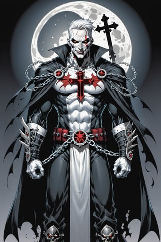 midshot, cel-shading style, centered image, ultra detailed illustration of the comic character ((male Spawn Warrior Catholic priest, by Todd McFarlane)), posing, white  hair,  ((cross around his neck)), charcoal and black white suit with cross emblem, gun belts draped over his shoulders, (((holding chains with razor, sharp crucifixes at the ends))), ((Full Body)), ((perfect hands)), the moon in the background, (tetradic colors), inkpunk, ink lines, strong outlines, art by MSchiffer, bold traces, unframed, high contrast, cel-shaded, vector, 4k resolution, best quality, (chromatic aberration:1.8)