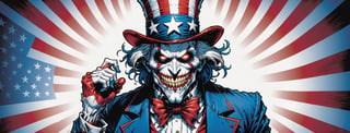 midshot, cel-shading style, centered image, ultra detailed illustration of the comic character ((Spawn Uncle Sam, by Todd McFarlane)), posing, Red white and blue, suit with a skull emblem,  ((Full Body)), (tetradic colors), inkpunk, ink lines, strong outlines, art by MSchiffer, bold traces, unframed, high contrast, cel-shaded, vector, 4k resolution, best quality, (chromatic aberration:1.8)