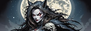 midshot, cel-shading style, centered image, ultra detailed illustration of the comic character ((female Spawn Wolf lady, by Todd McFarlane)), posing, long black long hair, Gray brown, and black suit with a skull emblem, ((view from Behind she’s looking over her shoulder)), ((Full Body)), ((perfect hands)), the moon in the background, (tetradic colors), inkpunk, ink lines, strong outlines, art by MSchiffer, bold traces, unframed, high contrast, cel-shaded, vector, 4k resolution, best quality, (chromatic aberration:1.8)