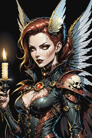 midshot, cel-shading style, centered image, ultra detailed illustration of the comic character ((female Spawn a steampunk faerie, her delicate wings shimmering in the soft glow of candlelight, by Todd McFarlane)), posing, in black and bronze suit with a skull emblem, ((holding a candle in one hand)), ((perfect hands)), ((closed hands)), ((close-up of her face)), (tetradic colors), inkpunk, ink lines, strong outlines, art by MSchiffer, bold traces, unframed, high contrast, cel-shaded, vector, 4k resolution, best quality, (chromatic aberration:1.8)