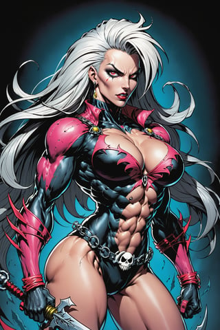 midshot, cel-shading style, centered image, ultra detailed illustration of the comic character ((female Spawn warrior woman, by Todd McFarlane)), posing, extremely muscular overly muscular large breast extremely extremely muscular, black, neon pink, suit with short shorts, with a belt with a skull on it, long white hair in a tall, single ponytail, ((view from Behind she’s looking over her shoulder)),  ((Half Body)), ((view from behind)),  perfect hands, (tetradic colors), inkpunk, ink lines, strong outlines, art by MSchiffer, bold traces, unframed, high contrast, cel-shaded, vector, 4k resolution, best quality, (chromatic aberration:1.8)