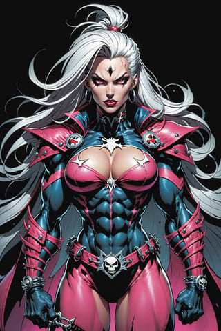 midshot, cel-shading style, centered image, ultra detailed illustration of the comic character ((female Spawn warrior woman, by Todd McFarlane)), posing, extremely muscular overly muscular large breast extremely extremely muscular, black, neon pink, suit with a belt with a skull on it, long white hair in a tall, single ponytail, ((Half Body)), perfect hands, (tetradic colors), inkpunk, ink lines, strong outlines, art by MSchiffer, bold traces, unframed, high contrast, cel-shaded, vector, 4k resolution, best quality, (chromatic aberration:1.8)