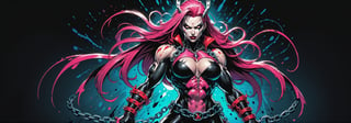 midshot, cel-shading style, centered image, ultra detailed illustration of the comic character ((female Spawn warrior woman, by Todd McFarlane)), posing, extremely muscular overly muscular large breast extremely extremely muscular, black, neon pink, suit with a belt with a skull on it, long pale pink hair in a tall, single ponytail, ((view from Behind she’s looking over her shoulder)),  ((Full Body)), ((view from behind)), ((holding chains in her hand)), splatters of paint in the background glowing neon, perfect hands, (tetradic colors), inkpunk, ink lines, strong outlines, art by MSchiffer, bold traces, unframed, high contrast, cel-shaded, vector, 4k resolution, best quality, (chromatic aberration:1.8)