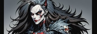 midshot, cel-shading style, centered image, ultra detailed illustration of the comic character ((female Spawn Wolf lady, by Todd McFarlane)), posing, long black long hair, Gray rust, and black suit with a skull emblem, ((view from Behind she’s looking over her shoulder)),  ((she has a wolf snout)), ((Full Body)), ((view from behind)), ((perfect hands)), (tetradic colors), inkpunk, ink lines, strong outlines, art by MSchiffer, bold traces, unframed, high contrast, cel-shaded, vector, 4k resolution, best quality, (chromatic aberration:1.8)