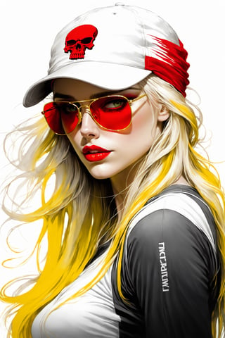pencil Sketch of a beautiful  athletic woman 30 years old, , White long hair, yellow shades, cap, ((skull on her cap)), disheveled alluring, ((full body)), portrait by Charles Miano, ink drawing, illustrative art, soft lighting, detailed, more Flowing rhythm, elegant, low contrast, add soft blur with thin line, full red lips, green eyes, black clothes.