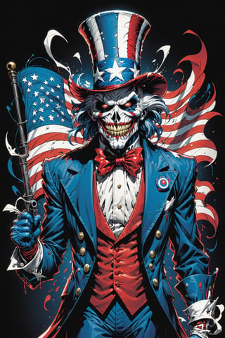 midshot, cel-shading style, centered image, ultra detailed illustration of the comic character ((Spawn Uncle Sam, by Todd McFarlane)), posing, Red white and blue, suit with a skull emblem,  ((Full Body)), (tetradic colors), inkpunk, ink lines, strong outlines, art by MSchiffer, bold traces, unframed, high contrast, cel-shaded, vector, 4k resolution, best quality, (chromatic aberration:1.8)