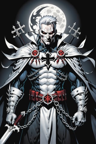 midshot, cel-shading style, centered image, ultra detailed illustration of the comic character ((male Spawn Warrior Catholic priest, by Todd McFarlane)), posing, white  hair,  ((cross around his neck)), charcoal and black white suit with cross emblem, gun belts draped over his shoulders, ((wielding chains with razor, sharp crucifixes at the ends)), ((Full Body)), ((perfect hands)), the moon in the background, (tetradic colors), inkpunk, ink lines, strong outlines, art by MSchiffer, bold traces, unframed, high contrast, cel-shaded, vector, 4k resolution, best quality, (chromatic aberration:1.8)
