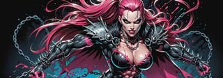 midshot, cel-shading style, centered image, ultra detailed illustration of the comic character ((female Spawn warrior woman, by Todd McFarlane)), posing, extremely muscular overly muscular large breast extremely extremely muscular, black, neon pink, suit with a belt with a skull on it, long pale pink hair in a tall, single ponytail, ((crouching down on the ground action pose)),  ((Full Body)),((holding chains in her hand)), splatters of paint in the background glowing neon, perfect hands, (tetradic colors), inkpunk, ink lines, strong outlines, art by MSchiffer, bold traces, unframed, high contrast, cel-shaded, vector, 4k resolution, best quality, (chromatic aberration:1.8)