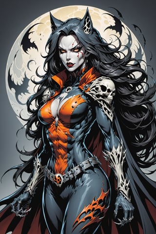midshot, cel-shading style, centered image, ultra detailed illustration of the comic character ((female Spawn Wolf lady, by Todd McFarlane)), posing, long black long hair, Gray rus, and black suit with a skull emblem, Orange flowing cape, ((view from Behind she’s looking over her shoulder)),  ((Full Body)), (tetradic colors), inkpunk, ink lines, strong outlines, art by MSchiffer, bold traces, unframed, high contrast, cel-shaded, vector, 4k resolution, best quality, (chromatic aberration:1.8)