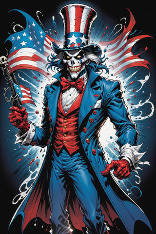 midshot, cel-shading style, centered image, ultra detailed illustration of the comic character ((Spawn Uncle Sam, by Todd McFarlane)), posing, Red white and blue, suit with a skull emblem,  ((Full Body)), (tetradic colors), inkpunk, ink lines, strong outlines, art by MSchiffer, bold traces, unframed, high contrast, cel-shaded, vector, 4k resolution, best quality, (chromatic aberration:1.8)