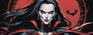 midshot, cel-shading style, centered image, ultra detailed illustration of the comic character ((female Spawn Dracula, by Todd McFarlane)), posing, she has long black hair, black suit with a skull emblem, long flowing cape, ((Half Body)), (tetradic colors), inkpunk, ink lines, strong outlines, art by MSchiffer, bold traces, unframed, high contrast, cel-shaded, vector, 4k resolution, best quality, (chromatic aberration:1.8)