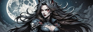 midshot, cel-shading style, centered image, ultra detailed illustration of the comic character ((female Spawn Wolf lady, by Todd McFarlane)), posing, long black long hair, Gray brown, and black suit with a skull emblem, ((view from Behind she’s looking over her shoulder)), ((Full Body)), ((perfect hands)), the moon in the background, (tetradic colors), inkpunk, ink lines, strong outlines, art by MSchiffer, bold traces, unframed, high contrast, cel-shaded, vector, 4k resolution, best quality, (chromatic aberration:1.8)