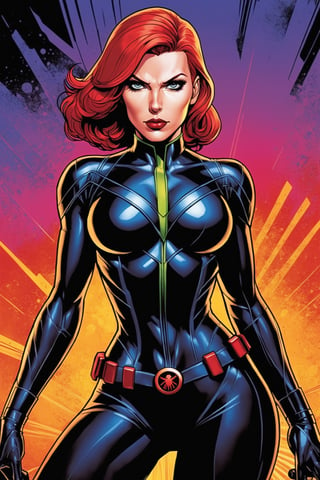 midshot, cel-shading style, centered image, ultra detailed illustration of Black widow, the comic character, posing, (tetradic colors), inkpunk, ink lines, strong outlines, art by MSchiffer, bold traces, unframed, high contrast, cel-shaded, vector, 4k resolution, best quality, (chromatic aberration:1.8)