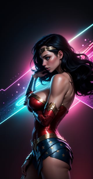 Wonder Woman (big tits),(( side view,)),masterpiece, best quality, ((abstract, psychedelic, neon, background)),(creative:1.3), sy3, SMM, fantasy00d
