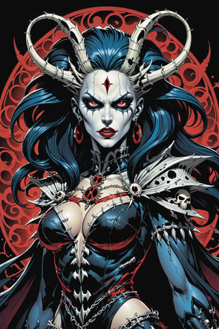 midshot, cel-shading style, centered image, ultra detailed illustration of the comic character ((female Spawn Queen of the Damned by Todd McFarlane)), posing, Black, dress with a skull emblem, ((half Body)), (tetradic colors), inkpunk, ink lines, strong outlines, art by MSchiffer, bold traces, unframed, high contrast, cel-shaded, vector, 4k resolution, best quality, (chromatic aberration:1.8)