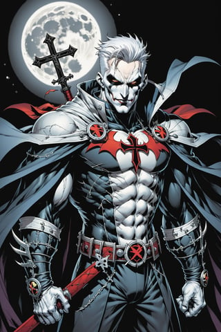 midshot, cel-shading style, centered image, ultra detailed illustration of the comic character ((male Spawn Warrior Catholic priest, by Todd McFarlane)), posing, white  hair,  ((cross around his neck)), charcoal and black white suit with cross emblem, gun belts draped over his shoulders, ((holding Gothic numb chucks)), ((Full Body)), ((perfect hands)), the moon in the background, (tetradic colors), inkpunk, ink lines, strong outlines, art by MSchiffer, bold traces, unframed, high contrast, cel-shaded, vector, 4k resolution, best quality, (chromatic aberration:1.8)