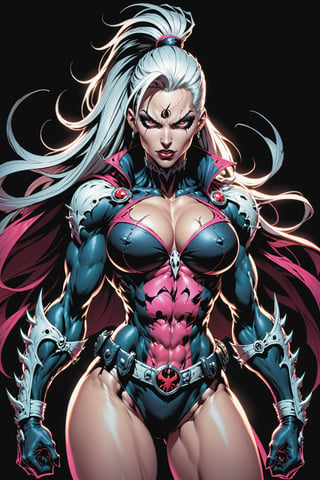 midshot, cel-shading style, centered image, ultra detailed illustration of the comic character ((female Spawn warrior woman, by Todd McFarlane)), posing, extremely muscular overly muscular large breast extremely extremely muscular, black, neon pink, suit with a belt with a skull on it, long white hair in a tall, single ponytail, ((Full Body)), perfect hands, (tetradic colors), inkpunk, ink lines, strong outlines, art by MSchiffer, bold traces, unframed, high contrast, cel-shaded, vector, 4k resolution, best quality, (chromatic aberration:1.8)