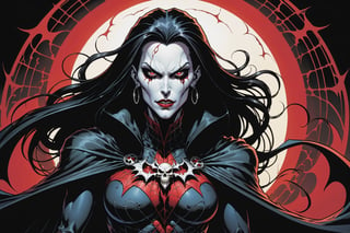 midshot, cel-shading style, centered image, ultra detailed illustration of the comic character ((female Spawn Dracula, by Todd McFarlane)), posing, she has long black hair, black suit with a skull emblem, long flowing cape, ((Half Body)), (tetradic colors), inkpunk, ink lines, strong outlines, art by MSchiffer, bold traces, unframed, high contrast, cel-shaded, vector, 4k resolution, best quality, (chromatic aberration:1.8)