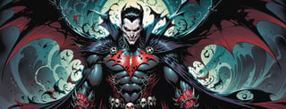 midshot, cel-shading style, centered image, ultra detailed illustration of the comic character ((male Spawn Dracula, by Todd McFarlane)), posing,  he has black  hair, black suit with a skull emblem, long flowing cape, ((Half Body)), (tetradic colors), inkpunk, ink lines, strong outlines, art by MSchiffer, bold traces, unframed, high contrast, cel-shaded, vector, 4k resolution, best quality, (chromatic aberration:1.8)