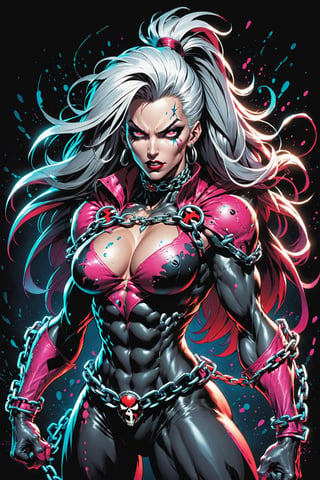 midshot, cel-shading style, centered image, ultra detailed illustration of the comic character ((female Spawn warrior woman, by Todd McFarlane)), posing, extremely muscular overly muscular large breast extremely extremely muscular, black, neon pink, suit with a belt with a skull on it, long White hair in a tall, single ponytail, (((crouching down on the ground action pose))),  ((Full Body)),((holding chains in her hand)), splatters of paint in the background glowing neon, perfect hands, (tetradic colors), inkpunk, ink lines, strong outlines, art by MSchiffer, bold traces, unframed, high contrast, cel-shaded, vector, 4k resolution, best quality, (chromatic aberration:1.8)