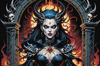 midshot, cel-shading style, centered image, ultra detailed illustration of the comic character ((female Spawn Queen of the Damned by Todd McFarlane)), posing, Black, dress with a skull emblem, ((half Body)), ((the gates of hell in the background)), (tetradic colors), inkpunk, ink lines, strong outlines, art by MSchiffer, bold traces, unframed, high contrast, cel-shaded, vector, 4k resolution, best quality, (chromatic aberration:1.8)