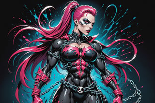 midshot, cel-shading style, centered image, ultra detailed illustration of the comic character ((female Spawn warrior woman, by Todd McFarlane)), posing, extremely muscular overly muscular large breast extremely extremely muscular, black, neon pink, suit with a belt with a skull on it, long pale pink hair in a tall, single ponytail, ((view from Behind she’s looking over her shoulder)),  ((Full Body)), ((view from behind)), ((holding chains in her hand)), splatters of paint in the background glowing neon, perfect hands, (tetradic colors), inkpunk, ink lines, strong outlines, art by MSchiffer, bold traces, unframed, high contrast, cel-shaded, vector, 4k resolution, best quality, (chromatic aberration:1.8)