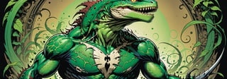 midshot, cel-shading style, centered image, ultra detailed illustration of the comic character ((lizard Spawn by Todd McFarlane)), posing, green, light green, brown, and black body suit with a skull emblem, ((Full Body)) ,ornate background, (tetradic colors), inkpunk, ink lines, strong outlines, art by MSchiffer, bold traces, unframed, high contrast, cel-shaded, vector, 4k resolution, best quality, (chromatic aberration:1.8)