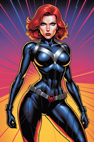 midshot, cel-shading style, centered image, ultra detailed illustration of Black widow, the comic character, posing, (tetradic colors), inkpunk, ink lines, strong outlines, art by MSchiffer, bold traces, unframed, high contrast, cel-shaded, vector, 4k resolution, best quality, (chromatic aberration:1.8)