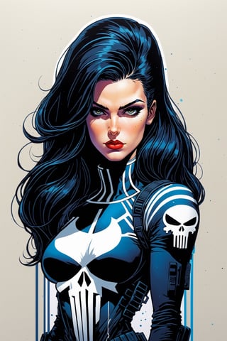 midshot, cel-shading style, centered image, ultra detailed illustration of the comic character, a female Punisher, posing, long Maine of black hair, ((Full Body)), (tetradic colors), inkpunk, ink lines, strong outlines, art by MSchiffer, bold traces, unframed, high contrast, cel-shaded, vector, 4k resolution, best quality, (chromatic aberration:1.8)