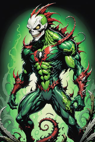 midshot, cel-shading style, centered image, ultra detailed illustration of the comic character ((Spawn lizard, by Todd McFarlane)), posing, green, light green, brown, and black body suit with a skull emblem, ((Full Body)) ,ornate background, (tetradic colors), inkpunk, ink lines, strong outlines, art by MSchiffer, bold traces, unframed, high contrast, cel-shaded, vector, 4k resolution, best quality, (chromatic aberration:1.8)