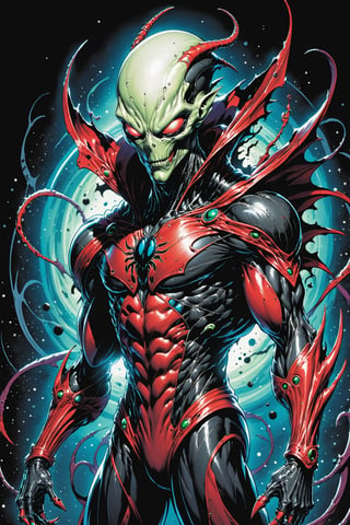 midshot, cel-shading style, centered image, ultra detailed illustration of the comic character ((male Spawn Space Alien, by Todd McFarlane)), posing, in creepy alien space suit, ((Half Body)), (tetradic colors), inkpunk, ink lines, strong outlines, art by MSchiffer, bold traces, unframed, high contrast, cel-shaded, vector, 4k resolution, best quality, (chromatic aberration:1.8)