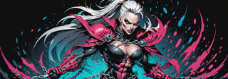 midshot, cel-shading style, centered image, ultra detailed illustration of the comic character ((female Spawn warrior woman, by Todd McFarlane)), posing, extremely muscular overly muscular large breast extremely extremely muscular, black, neon pink, suit with a belt with a skull on it, long White hair in a tall, single ponytail, (((crouching down on the ground action pose))),  ((Full Body)),((holding chains in her hand)), splatters of paint in the background glowing neon, perfect hands, (tetradic colors), inkpunk, ink lines, strong outlines, art by MSchiffer, bold traces, unframed, high contrast, cel-shaded, vector, 4k resolution, best quality, (chromatic aberration:1.8)