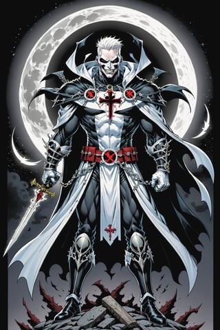 midshot, cel-shading style, centered image, ultra detailed illustration of the comic character ((male Spawn Warrior Catholic priest, by Todd McFarlane)), posing, white  hair,  ((cross around his neck)), charcoal and black white suit with cross emblem, gun belts draped over his shoulders, ((Full Body)), ((perfect hands)), the moon in the background, (tetradic colors), inkpunk, ink lines, strong outlines, art by MSchiffer, bold traces, unframed, high contrast, cel-shaded, vector, 4k resolution, best quality, (chromatic aberration:1.8)