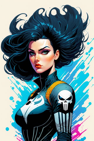 midshot, cel-shading style, centered image, ultra detailed illustration of the comic character, a female Punisher, posing, flowing Maine of black hair, ((Full Body)), (tetradic colors), inkpunk, ink lines, strong outlines, art by MSchiffer, bold traces, unframed, high contrast, cel-shaded, vector, 4k resolution, best quality, (chromatic aberration:1.8)