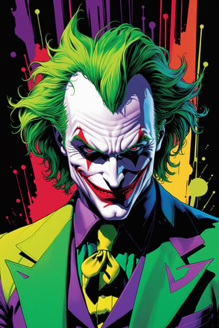 midshot, cel-shading style, centered image, ultra detailed illustration of The Joker, posing, ((Full Body)), (tetradic colors), ((inkpunk)), ((ink lines)), strong outlines, art by MSchiffer, bold traces, unframed, high contrast, cel-shaded, 4k resolution, best quality, (chromatic aberration:1.8)