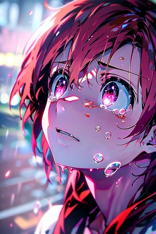 white girl, red hair, crying, anime style, wallpaper